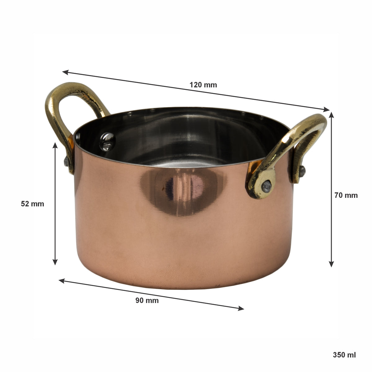 REGENT COOKWARE MINI POT ST STEEL CU PLATED WITH 2 BRASS HANDLES, 350ML - 120/90MM DIAX52.5MM