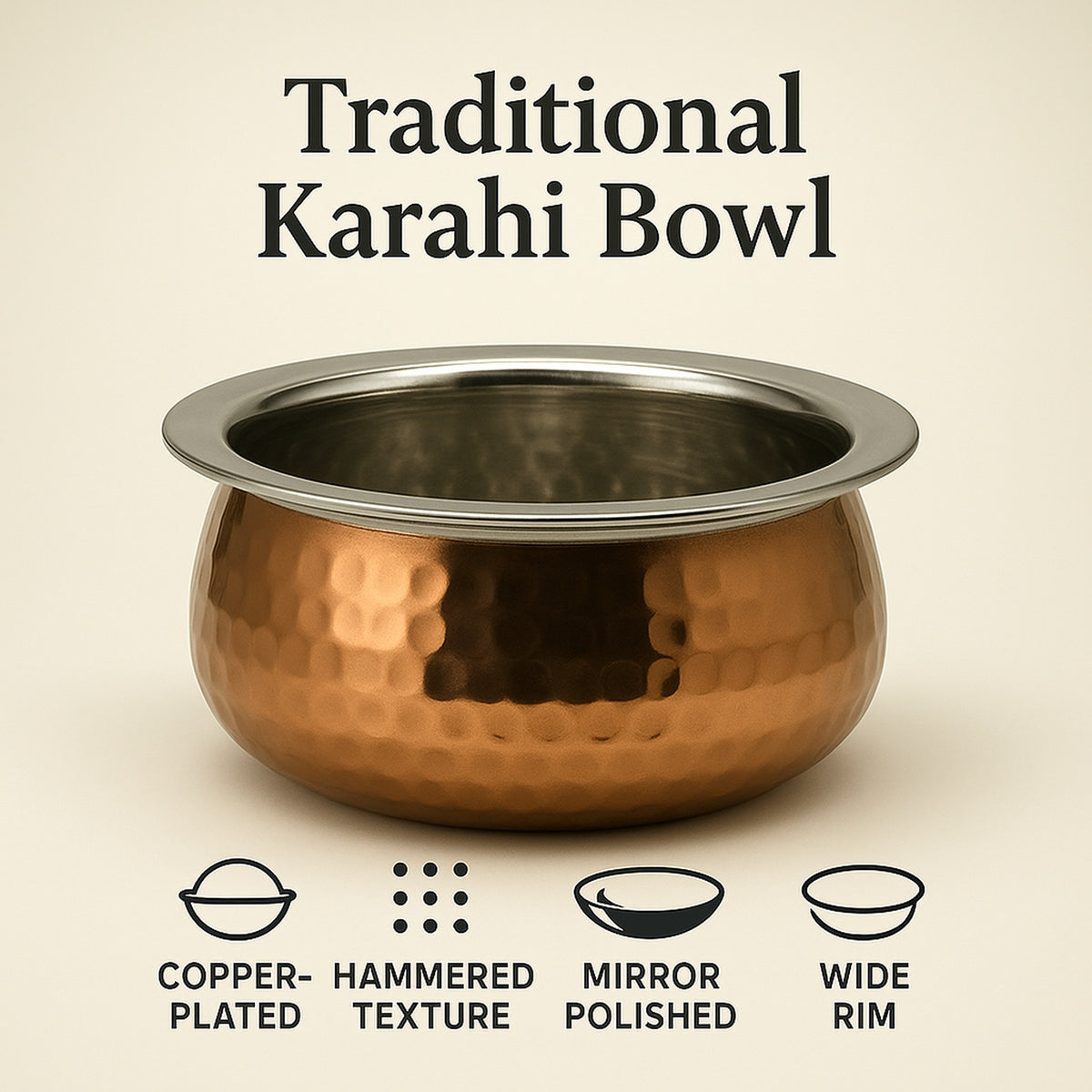 REGENT COOKWARE HANDI BOWL HAMMERED ST STEEL COPPER PLATED, 800ML - 155MM DIAX65MM