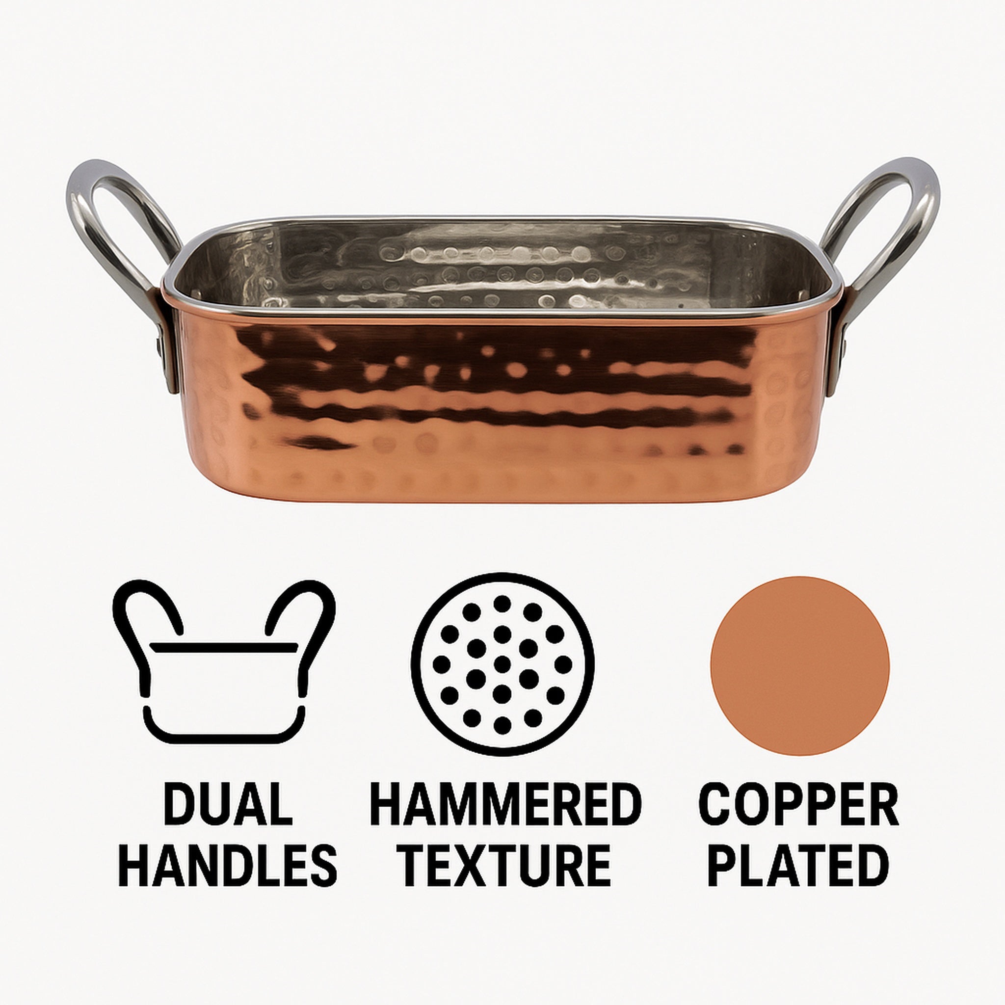 REGENT KARAHI ROASTER RECT. HAMMERED ST STEEL CU PLATED + HANDLES, 340ML, 165/125X85X40MM