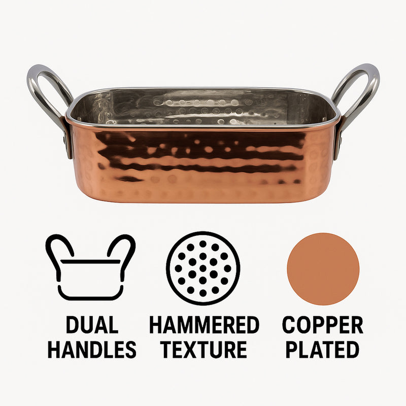 REGENT COOKWARE KARAHI ROASTER RECT. HAMMERED ST STEEL CU PLATED + HANDLES, 340ML (165/125X85X40MM)