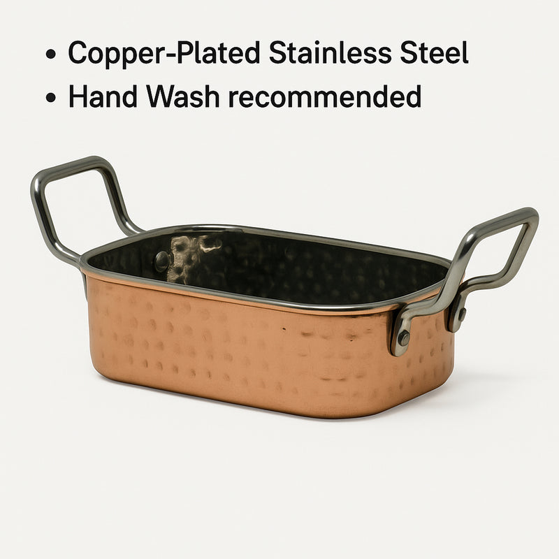 REGENT COOKWARE KARAHI ROASTER RECT. HAMMERED ST STEEL CU PLATED + HANDLES, 340ML (165/125X85X40MM)