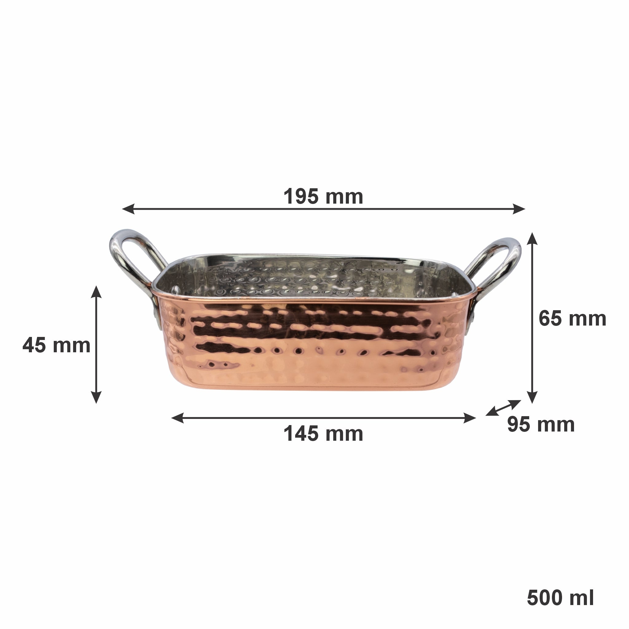 REGENT COOKWARE KARAHI ROASTER RECT.HAMMERED ST STEEL CU PLATED + HANDLES, 500ML - 195/145X95X45MM