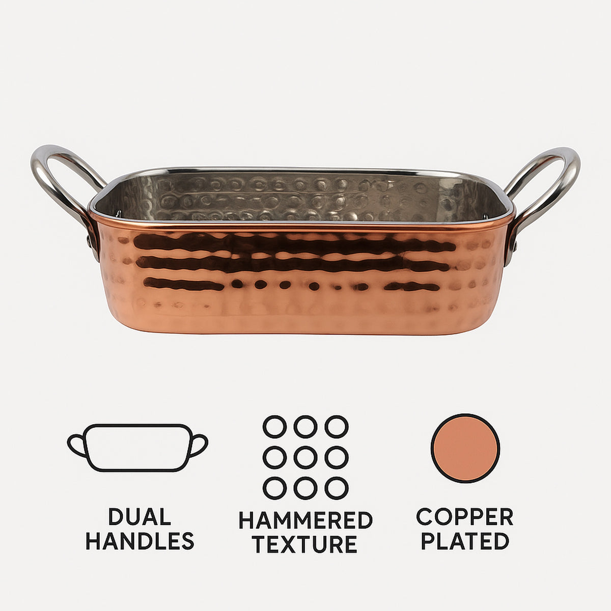 REGENT COOKWARE KARAHI ROASTER RECT.HAMMERED ST STEEL CU PLATED + HANDLES, 500ML - 195/145X95X45MM