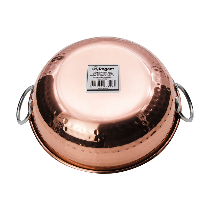REGENT COOKWARE KARAHI PAN HAMMERED ST STEEL CU PLATED + HANDLES, 1.3LT (225/190MM DIAX55MM)