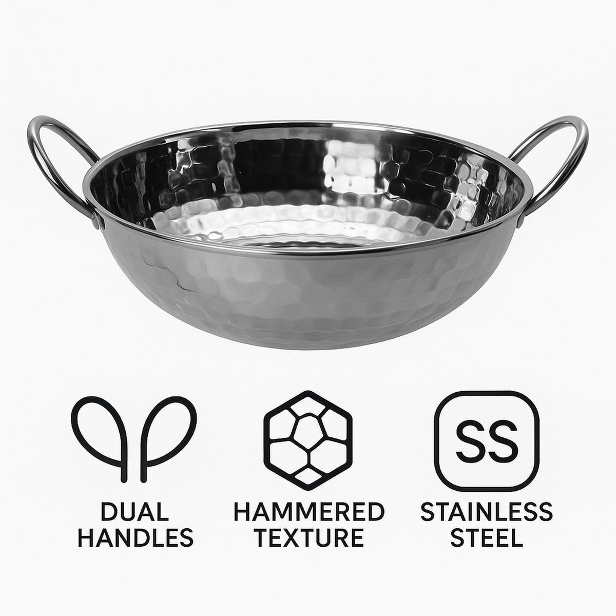 REGENT COOKWARE KARAHI PAN HAMMERED WITH 2 HANDLES ST STEEL, 800ML (170MM DIAX55MM)