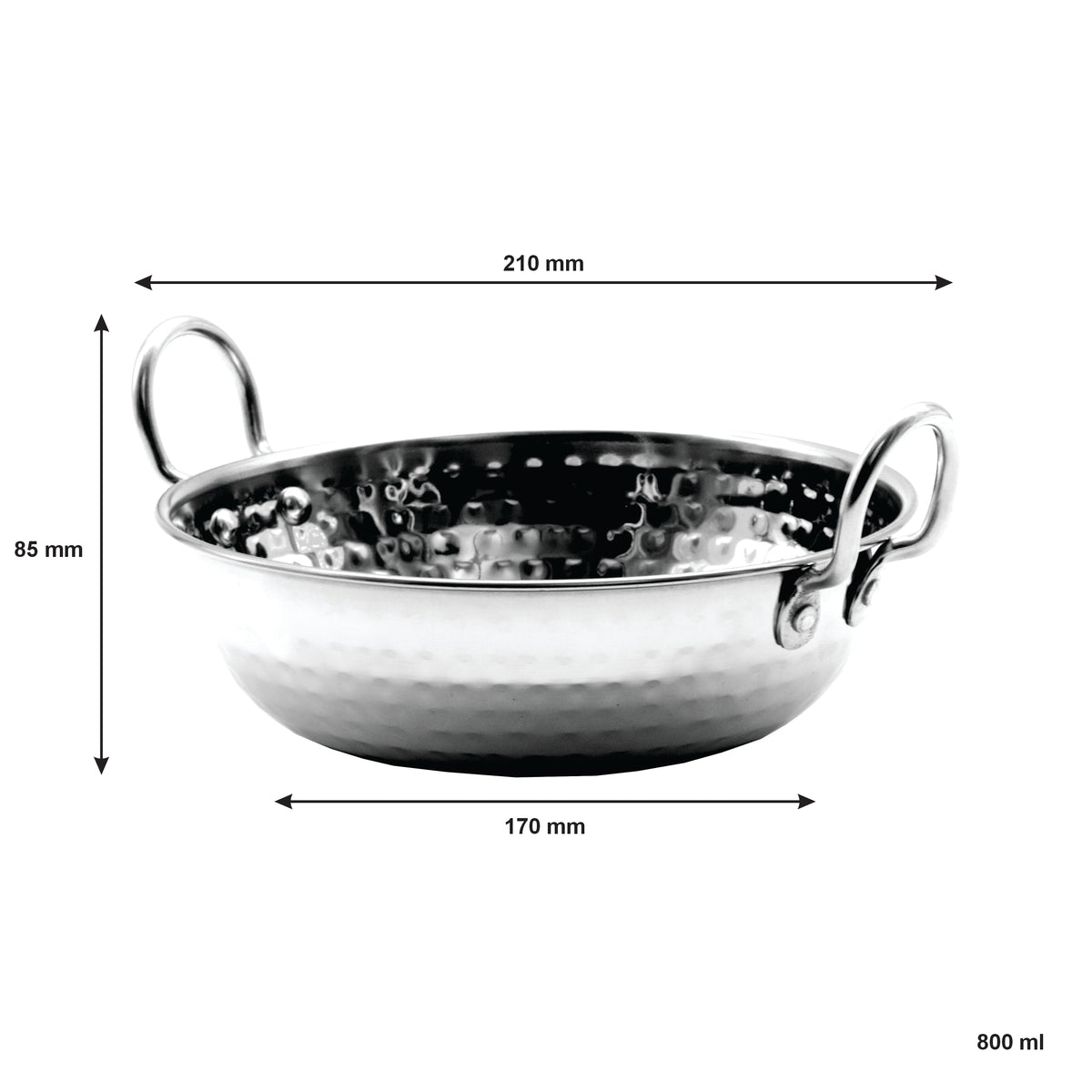REGENT COOKWARE KARAHI PAN HAMMERED WITH 2 HANDLES ST STEEL, 800ML (170MM DIAX55MM)