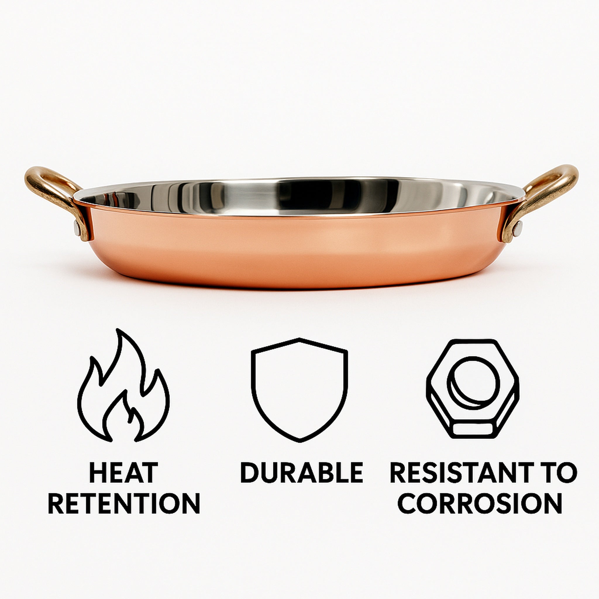 REGENT COOKWARE OVAL PAN ST STEEL COPPER PLATED WITH 2 BRASS HANDLES, 500ML - 225/185X135X32.5MM