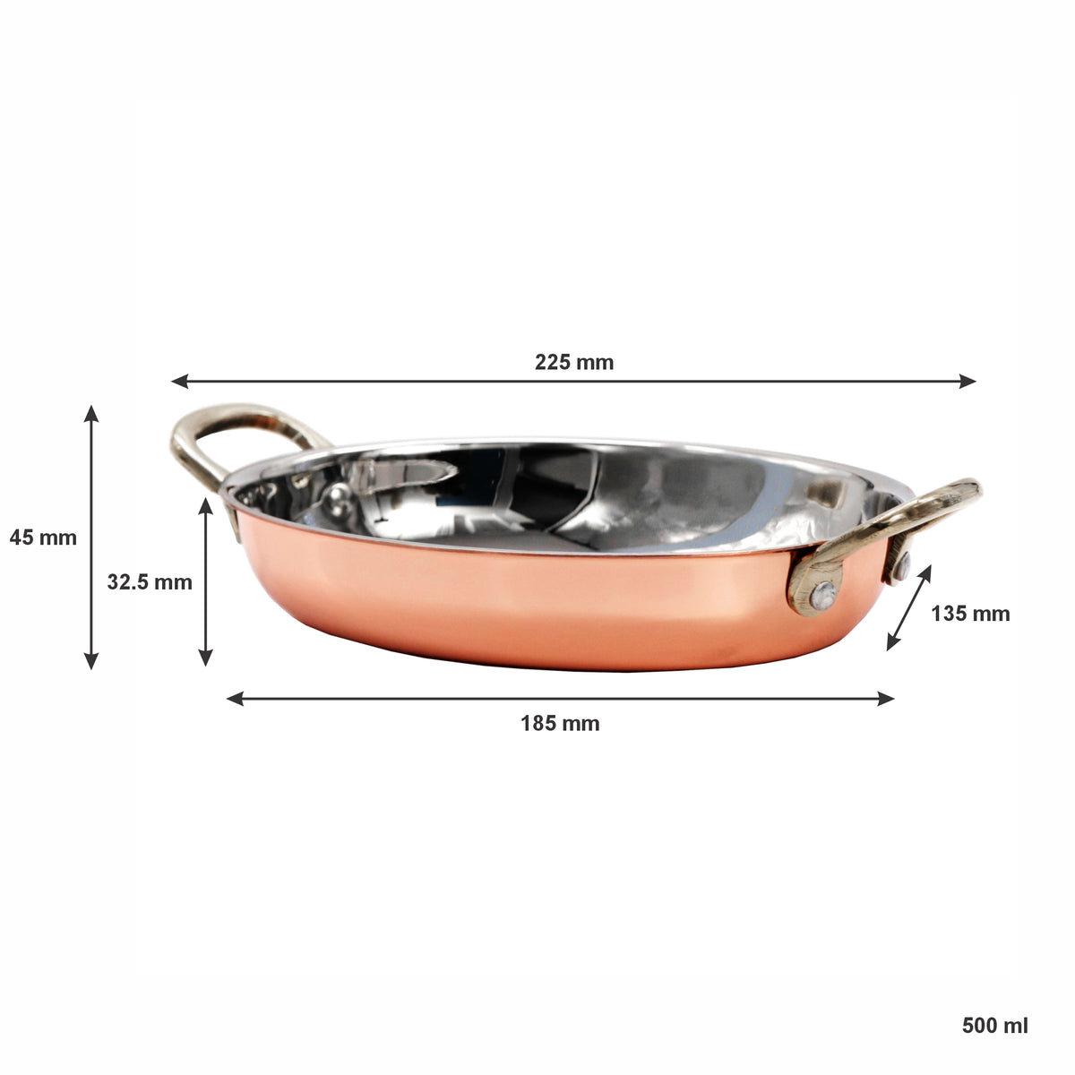 REGENT COOKWARE OVAL PAN ST STEEL COPPER PLATED WITH 2 BRASS HANDLES, 500ML - 225/185X135X32.5MM