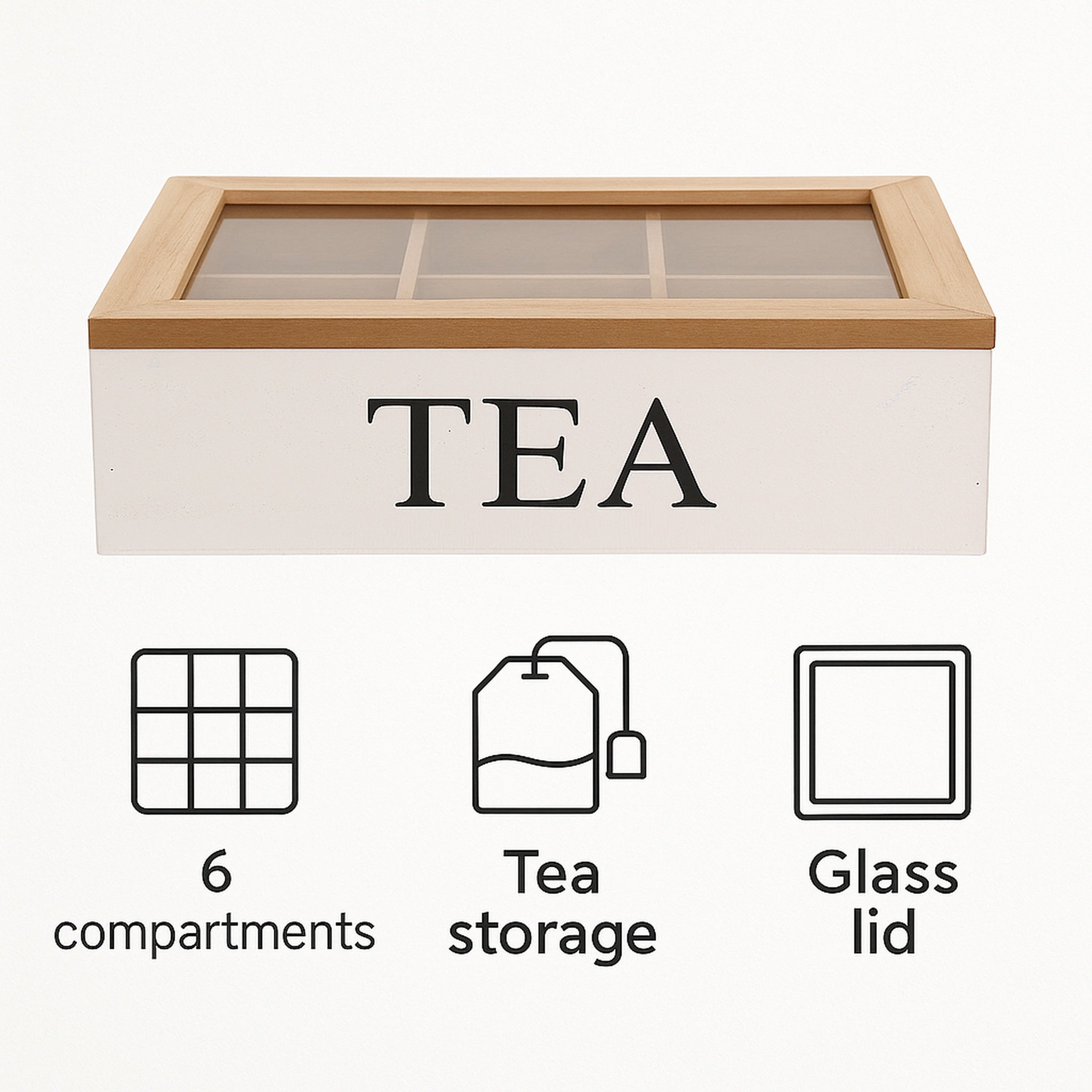 REGENT KITCHEN TEA BOX WITH 6 PARTITIONS WOOD AND GLASS, 240X160MM