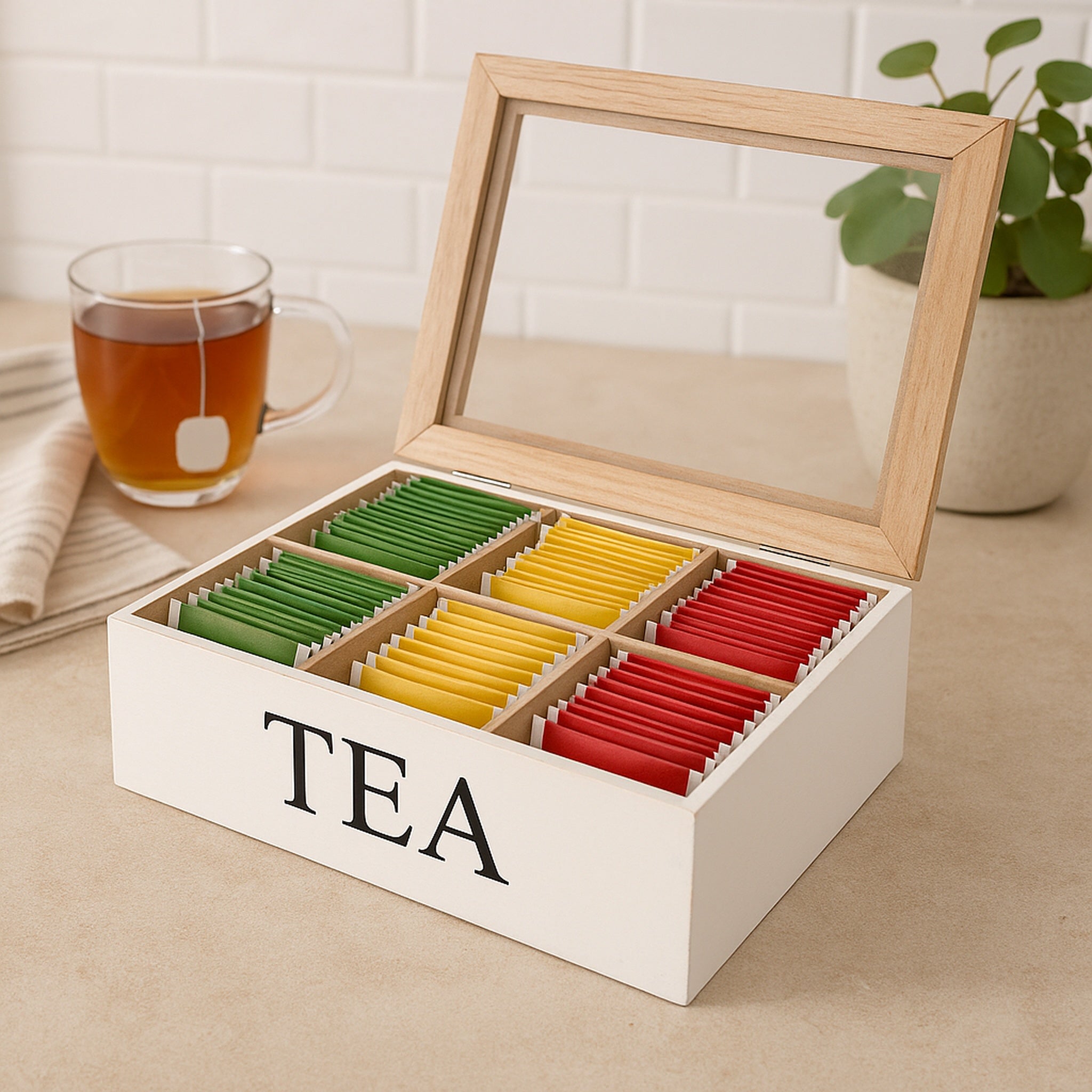 REGENT KITCHEN TEA BOX WITH 6 PARTITIONS WOOD AND GLASS, 240X160MM