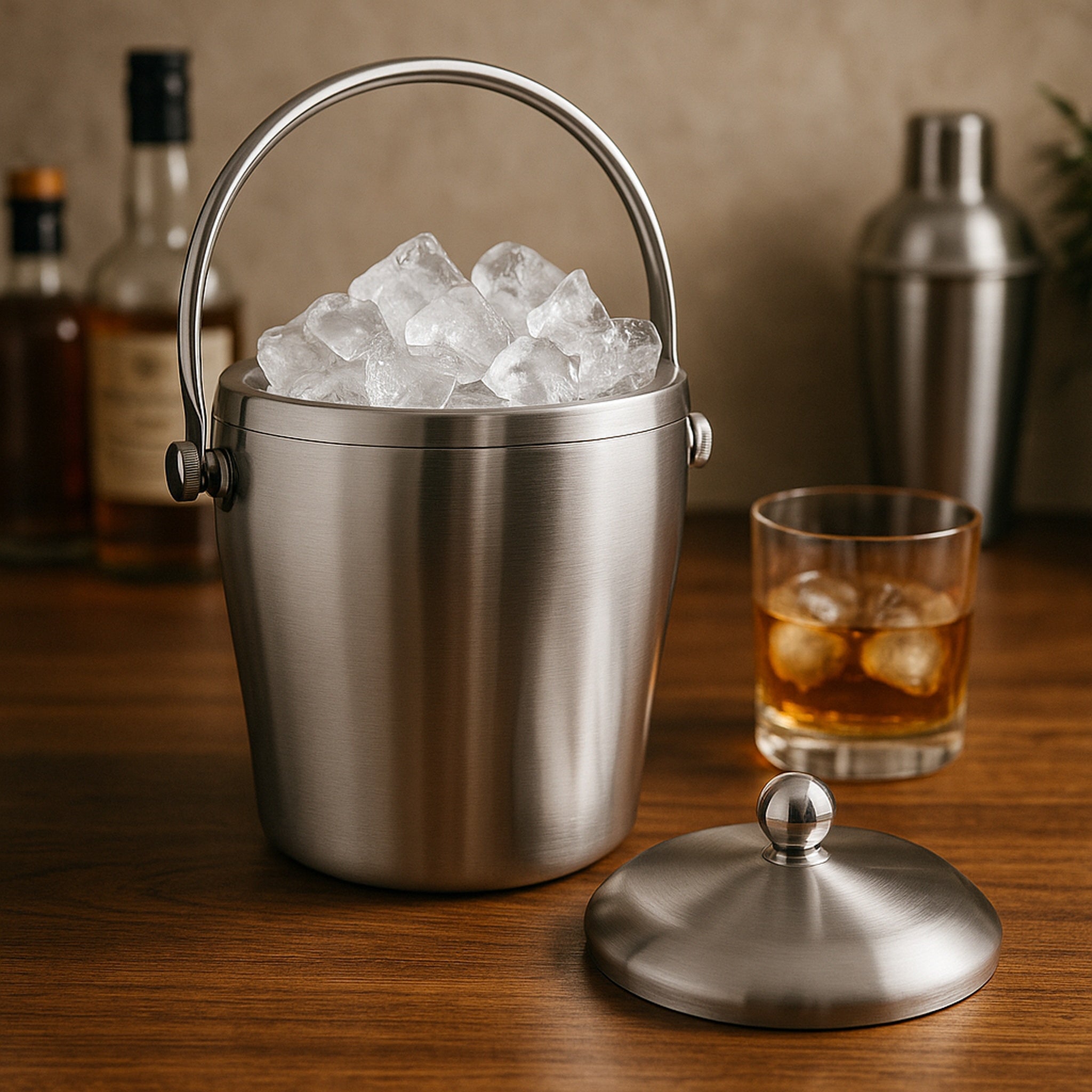 BAR BUTLER DOUBLE WALLED ICE BUCKET WITH HANDLE & LID BRUSHED ST STEEL, 1.2L