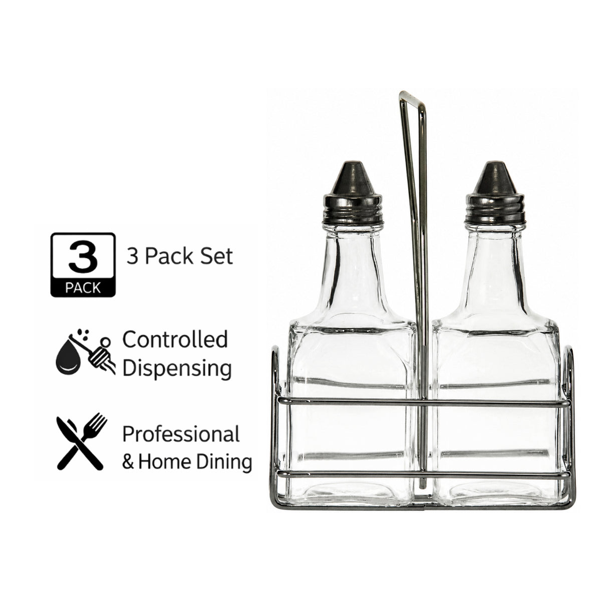 REGENT SQUARE OIL & VINEGAR BOTTLES ON WIRE STAND 3PCS SET, 200ML