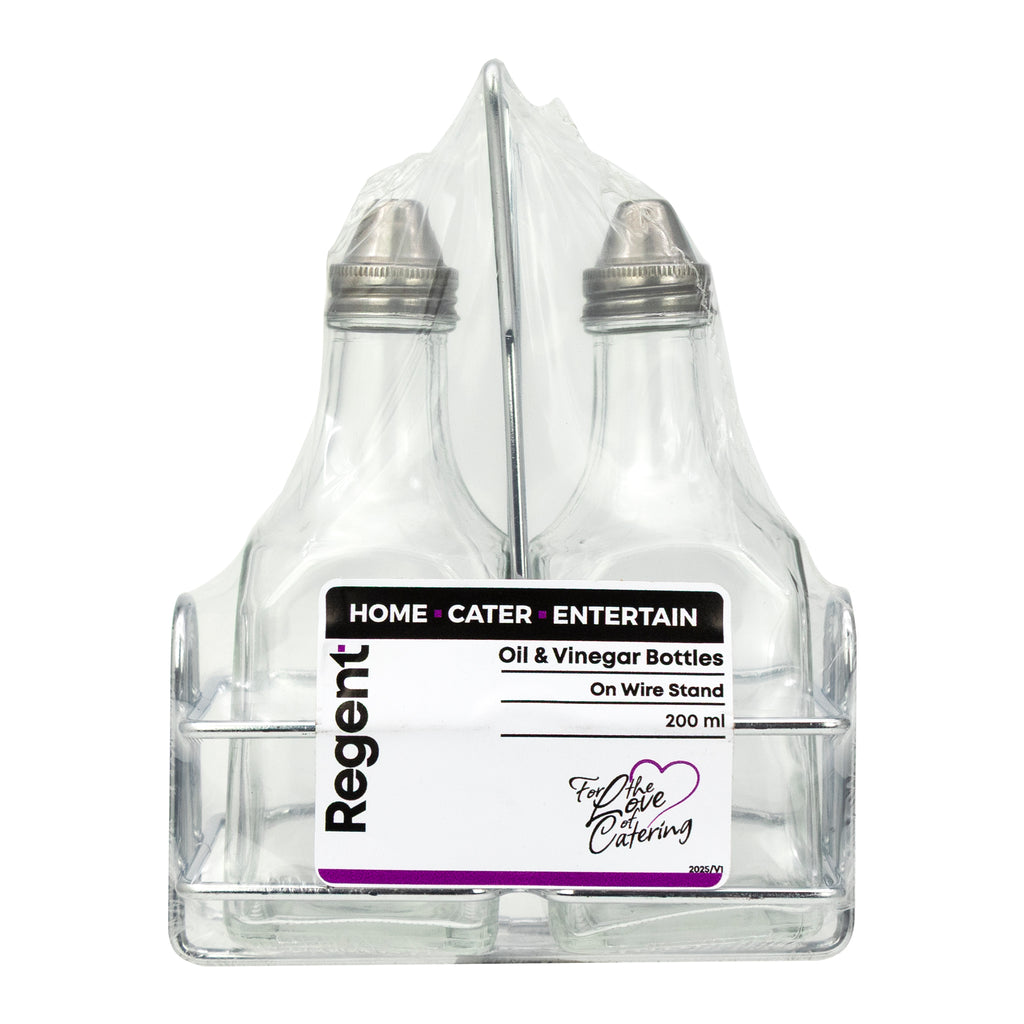 REGENT SQUARE OIL & VINEGAR BOTTLES ON WIRE STAND 3PCS SET, 200ML