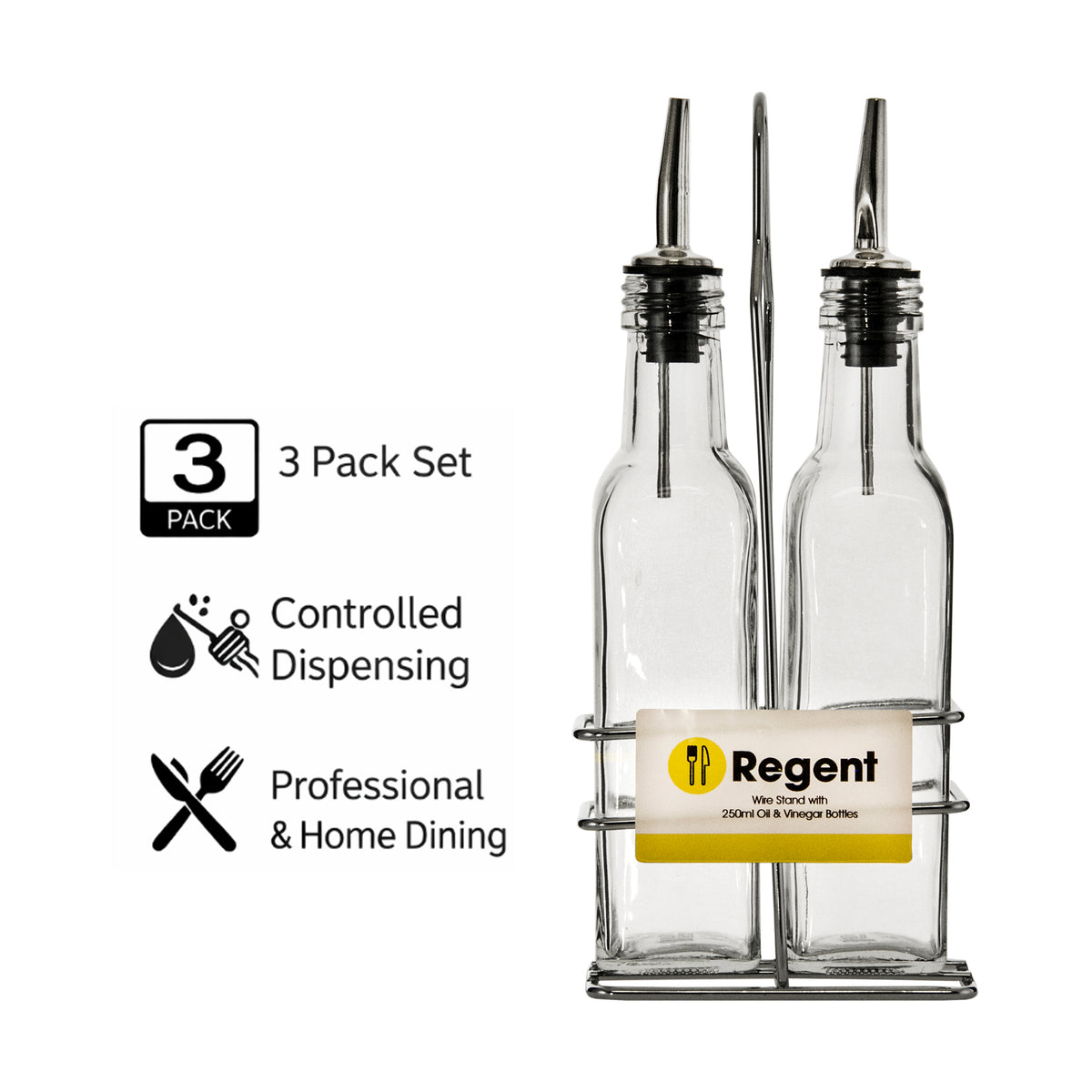 REGENT TALL SQUARE OIL & VINEGAR BOTTLES WITH POURERS ON WIRE STAND 3PCS SET, 250ML