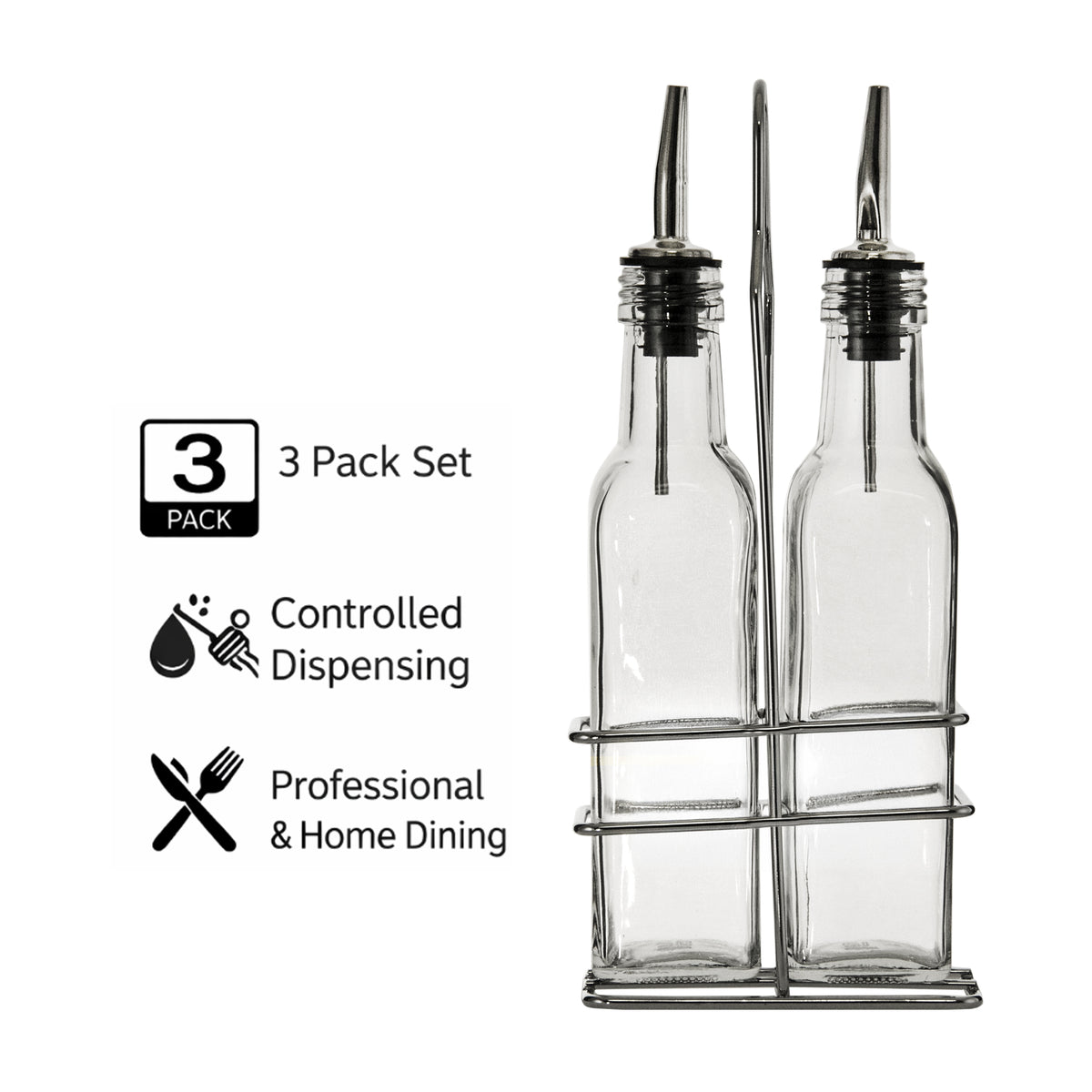 REGENT TALL SQUARE OIL & VINEGAR BOTTLES WITH POURERS ON WIRE STAND 3PCS SET, 250ML