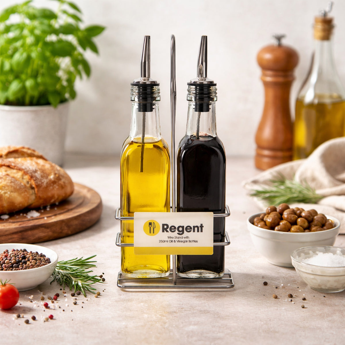 REGENT TALL SQUARE OIL & VINEGAR BOTTLES WITH POURERS ON WIRE STAND 3PCS SET, 250ML