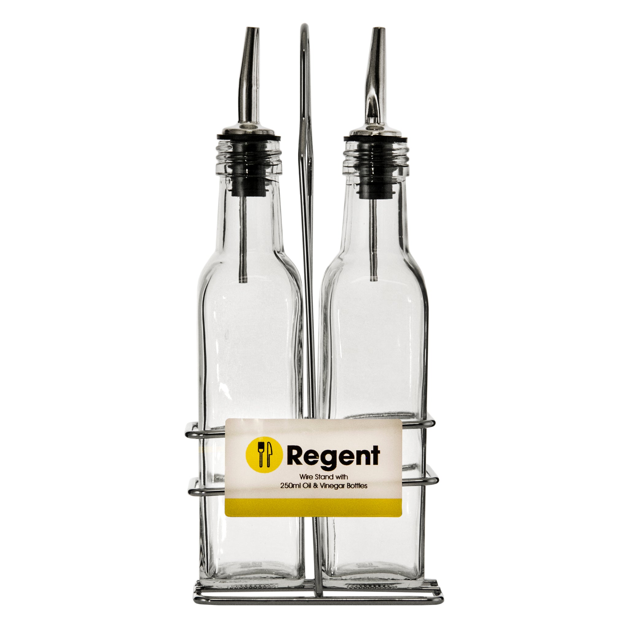 REGENT TALL SQUARE OIL & VINEGAR BOTTLES WITH POURERS ON WIRE STAND 3PK SET, 250ML