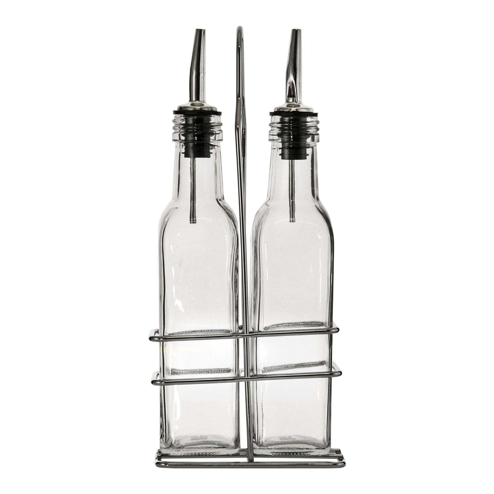 REGENT TALL SQUARE OIL & VINEGAR BOTTLES WITH POURERS ON WIRE STAND 3PCS SET, 250ML