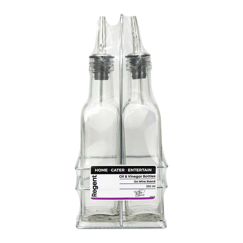 REGENT TALL SQUARE OIL & VINEGAR BOTTLES WITH POURERS ON WIRE STAND 3PCS SET, 250ML