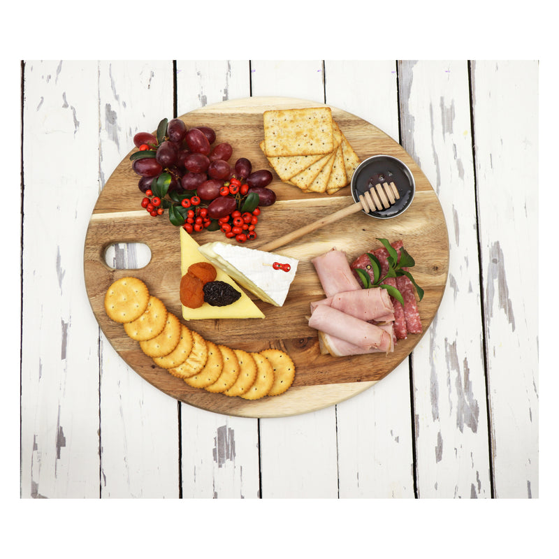 REGENT ACACIA WOOD ROUND SERVING BOARD WITH RING HANDLE, (440X320X15MM)