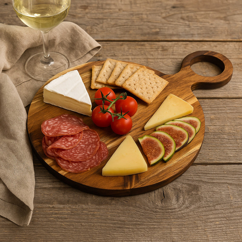 REGENT ACACIA WOOD ROUND SERVING BOARD WITH RING HANDLE, 440X320MM DIA