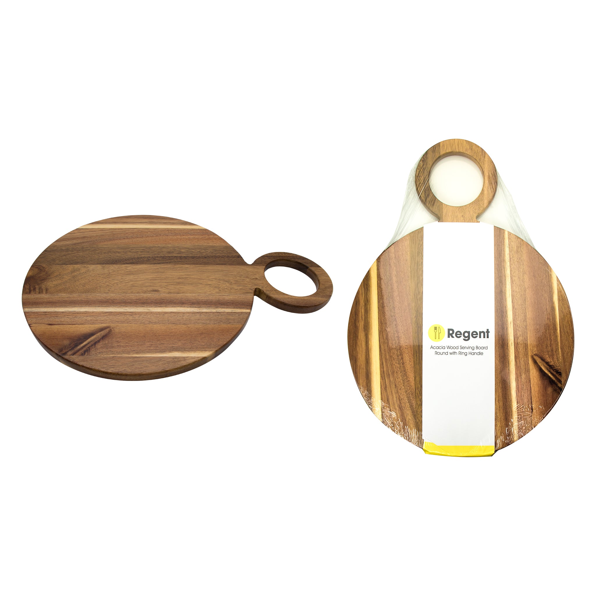 REGENT ACACIA WOOD ROUND SERVING BOARD WITH RING HANDLE, 440X320MM DIA
