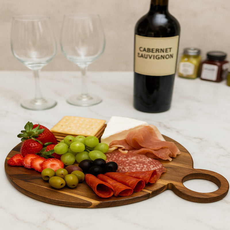 REGENT ACACIA WOOD ROUND SERVING BOARD WITH RING HANDLE, 440X320MM DIA