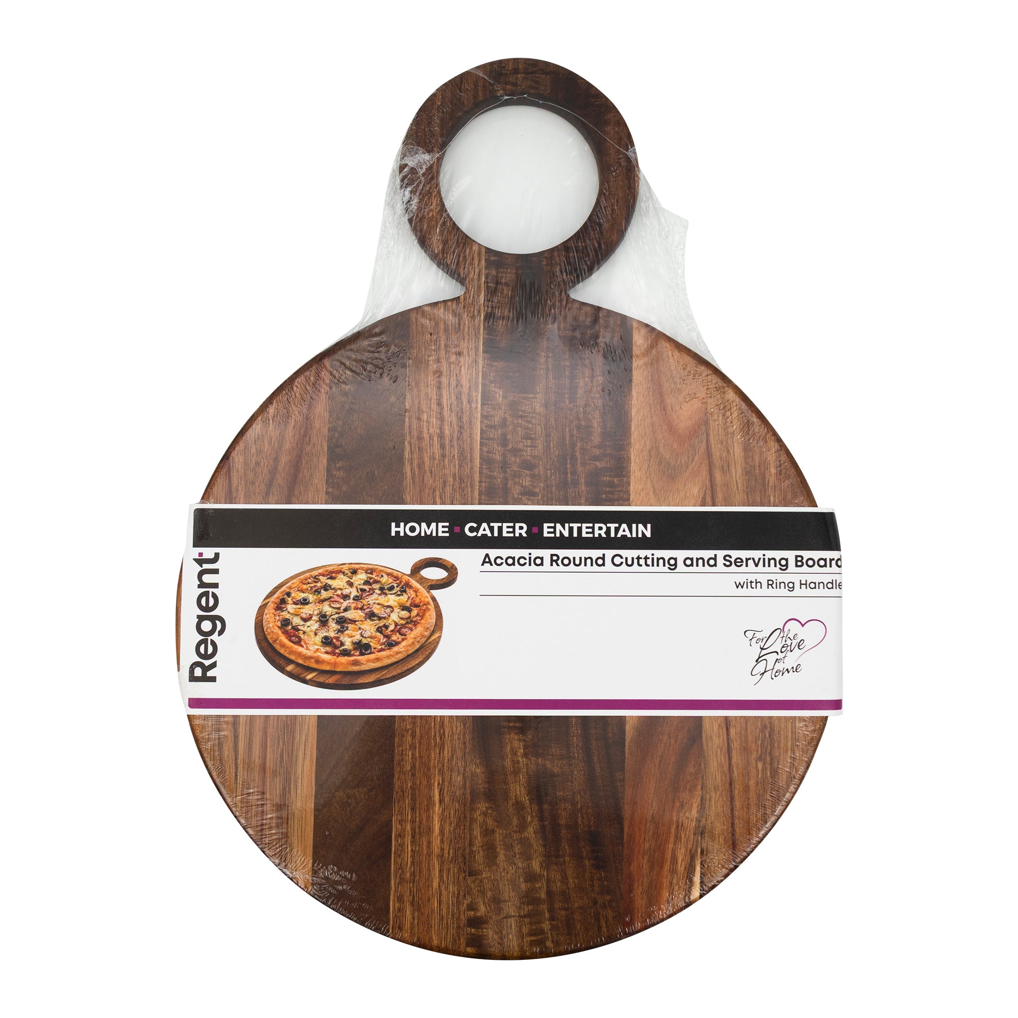 REGENT ACACIA WOOD ROUND SERVING BOARD WITH RING HANDLE, 440X320MM DIA