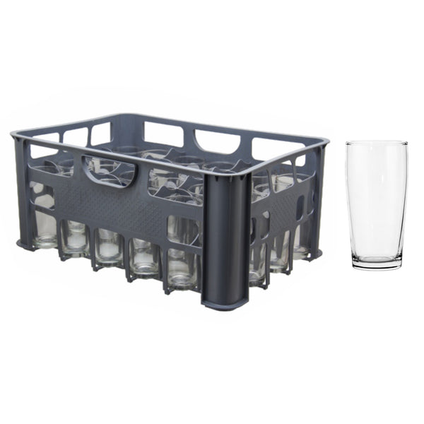 REGENT GREY PLASTIC CRATE WITH WILLY TUMBLERS, 24'S (380ML)