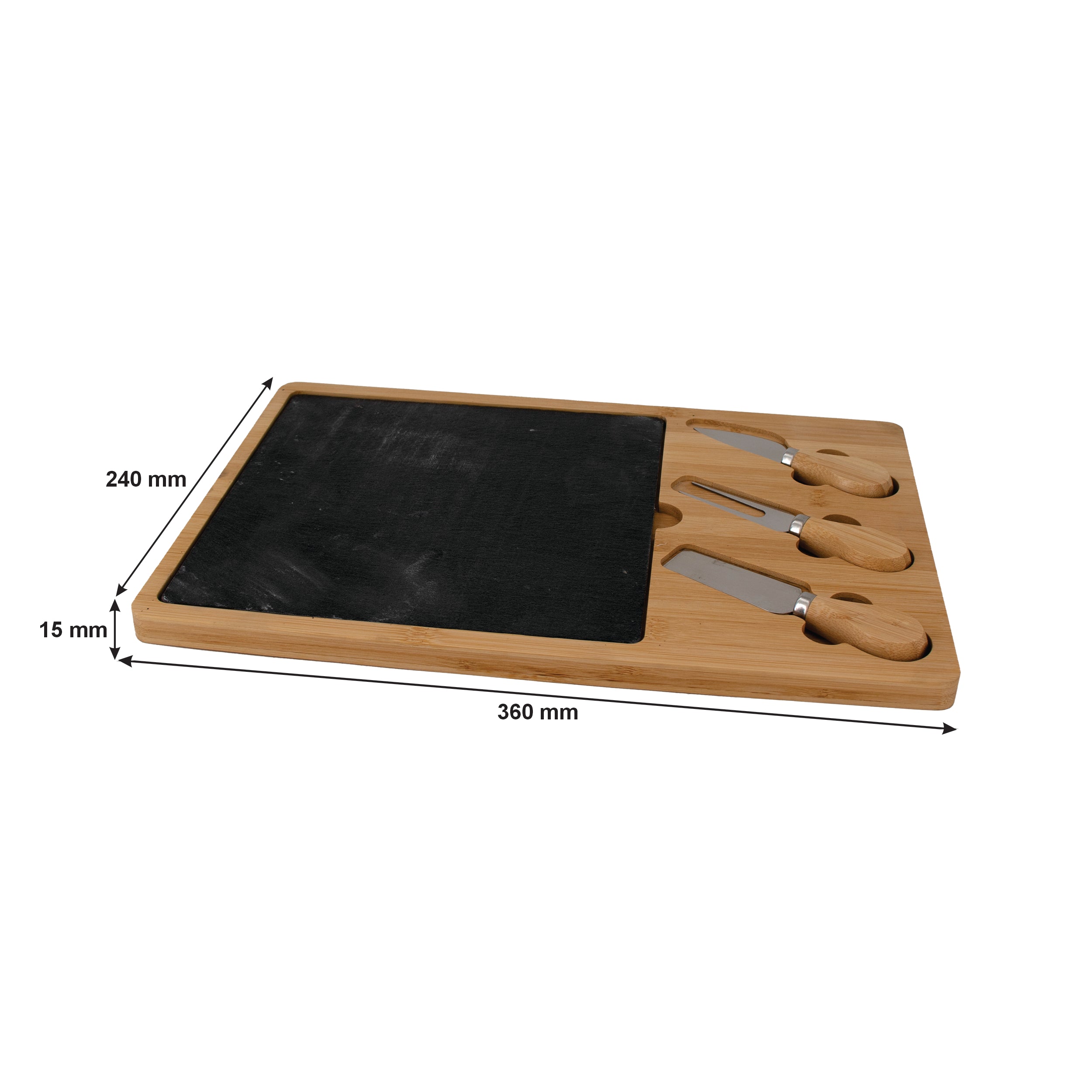 REGENT BAMBOO CHEESE AND SLATE BOARD WITH 3 CHEESE TOOLS 5PC SET, 360X240MM