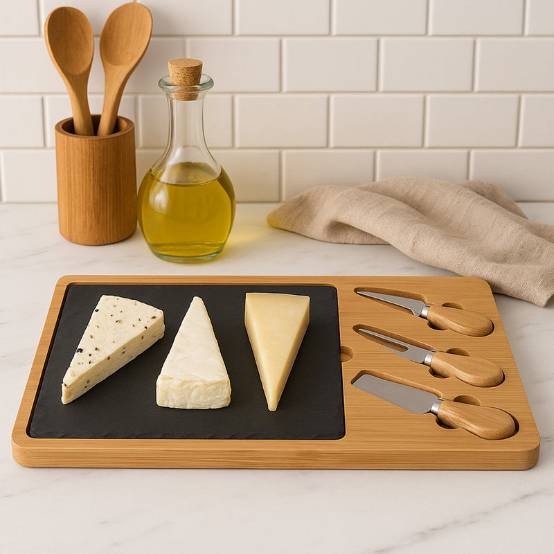 REGENT BAMBOO CHEESE AND SLATE BOARD WITH 3 CHEESE TOOLS 5PK SET, 360X240MM