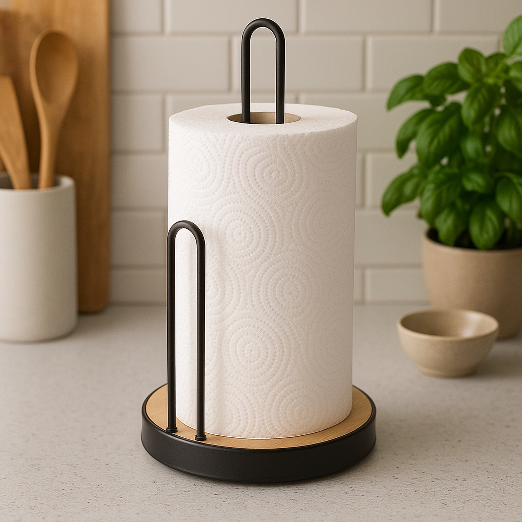 REGENT KITCHEN ROLLER TOWEL HOLDER BLACK WIRE & WOOD