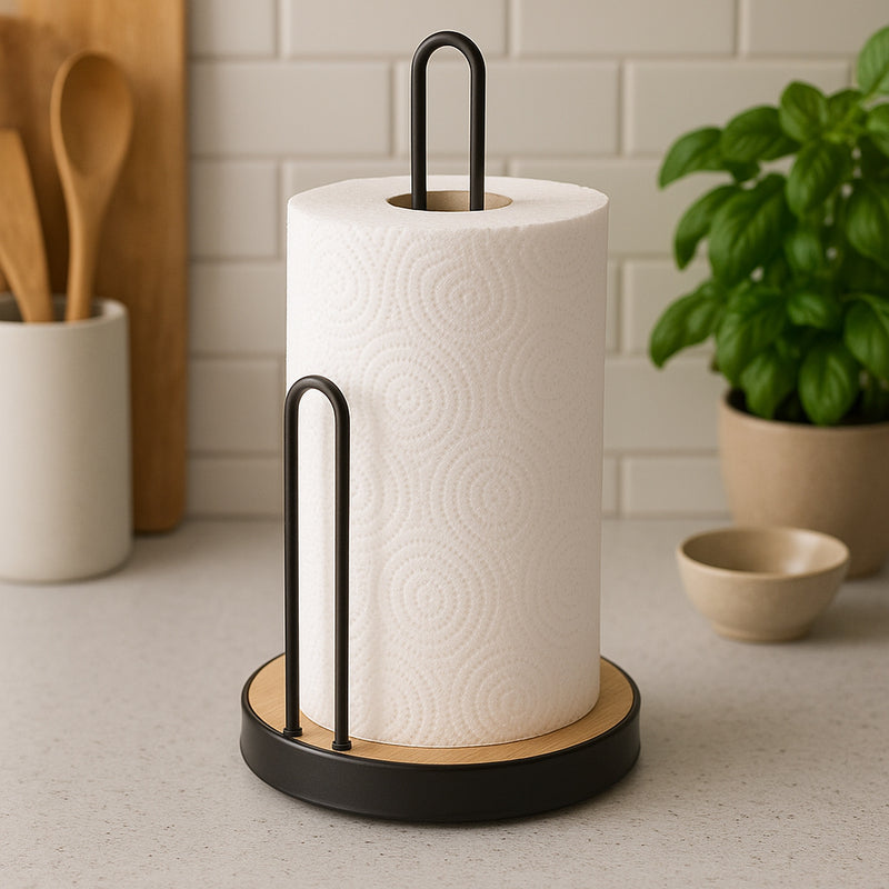 REGENT KITCHEN ROLLER TOWEL HOLDER BLACK WIRE & WOOD