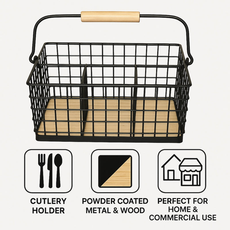 REGENT KITCHEN CUTLERY CADDY BLACK WIRE & WOOD