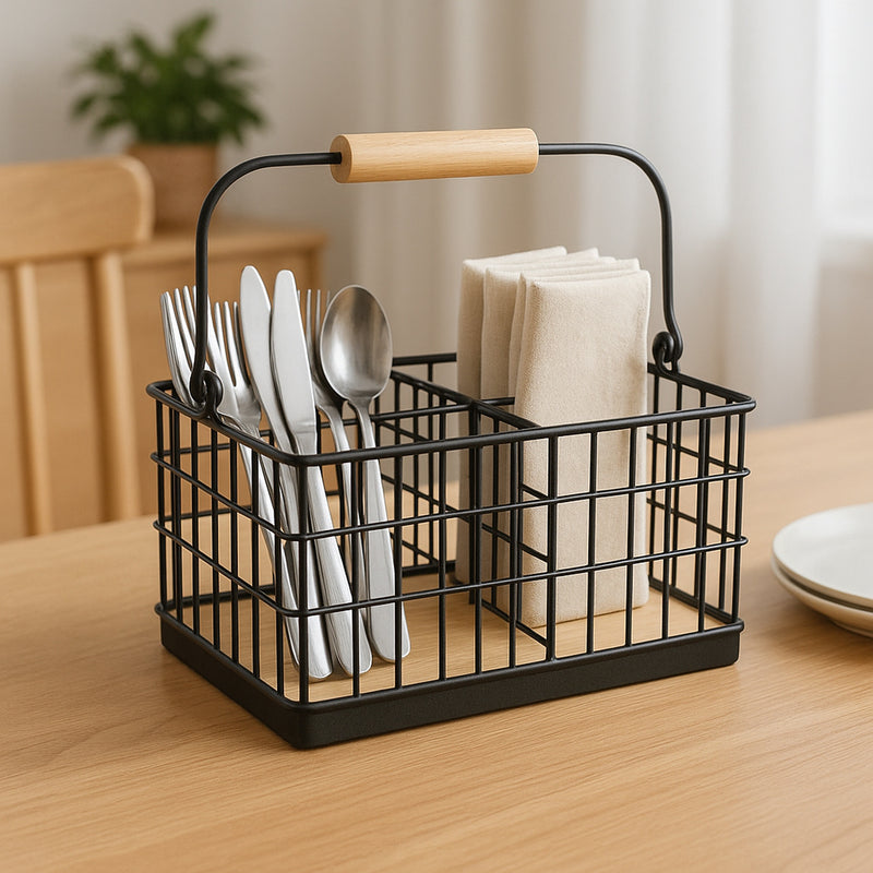REGENT KITCHEN CUTLERY CADDY BLACK WIRE & WOOD