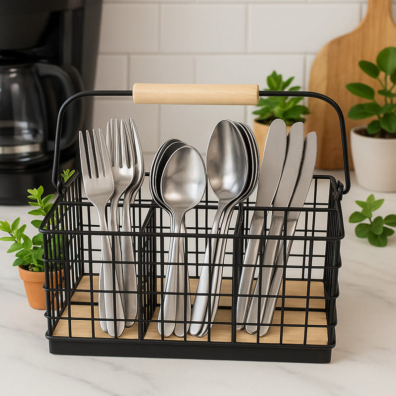 REGENT KITCHEN CUTLERY CADDY BLACK WIRE & WOOD, 230X160MM
