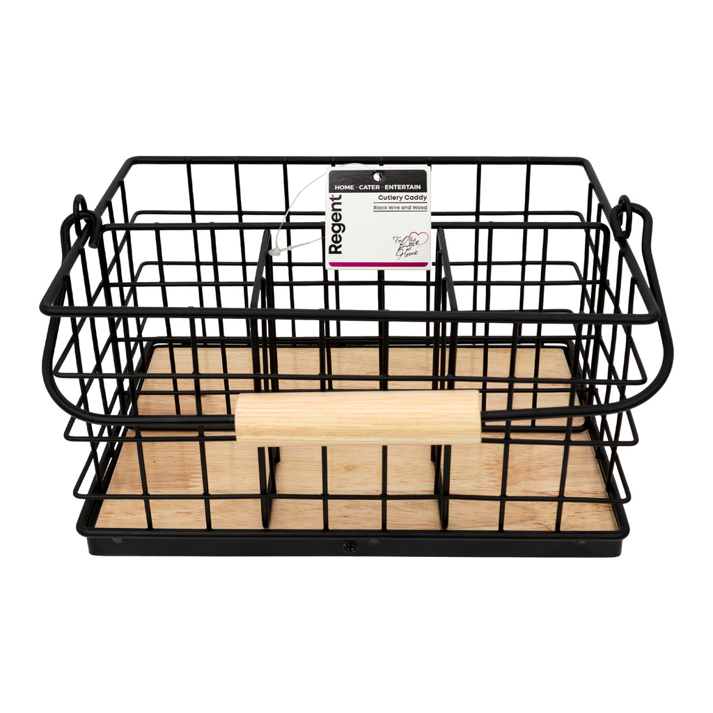REGENT KITCHEN CUTLERY CADDY BLACK WIRE & WOOD, 230X160MM