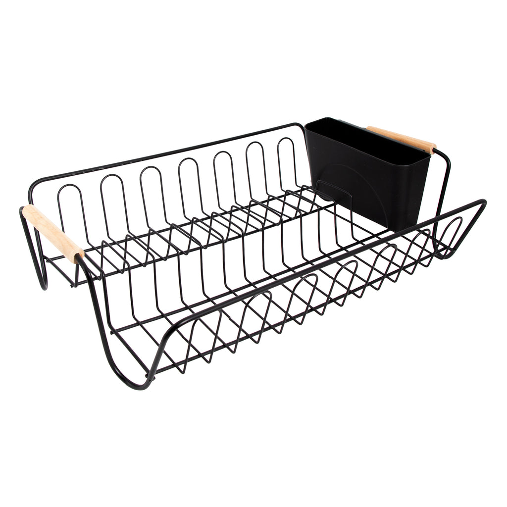 REGENT KITCHEN WIRE DISH RACK POWDER COATED BLACK WITH WOODEN HANDLES, 510X335MM