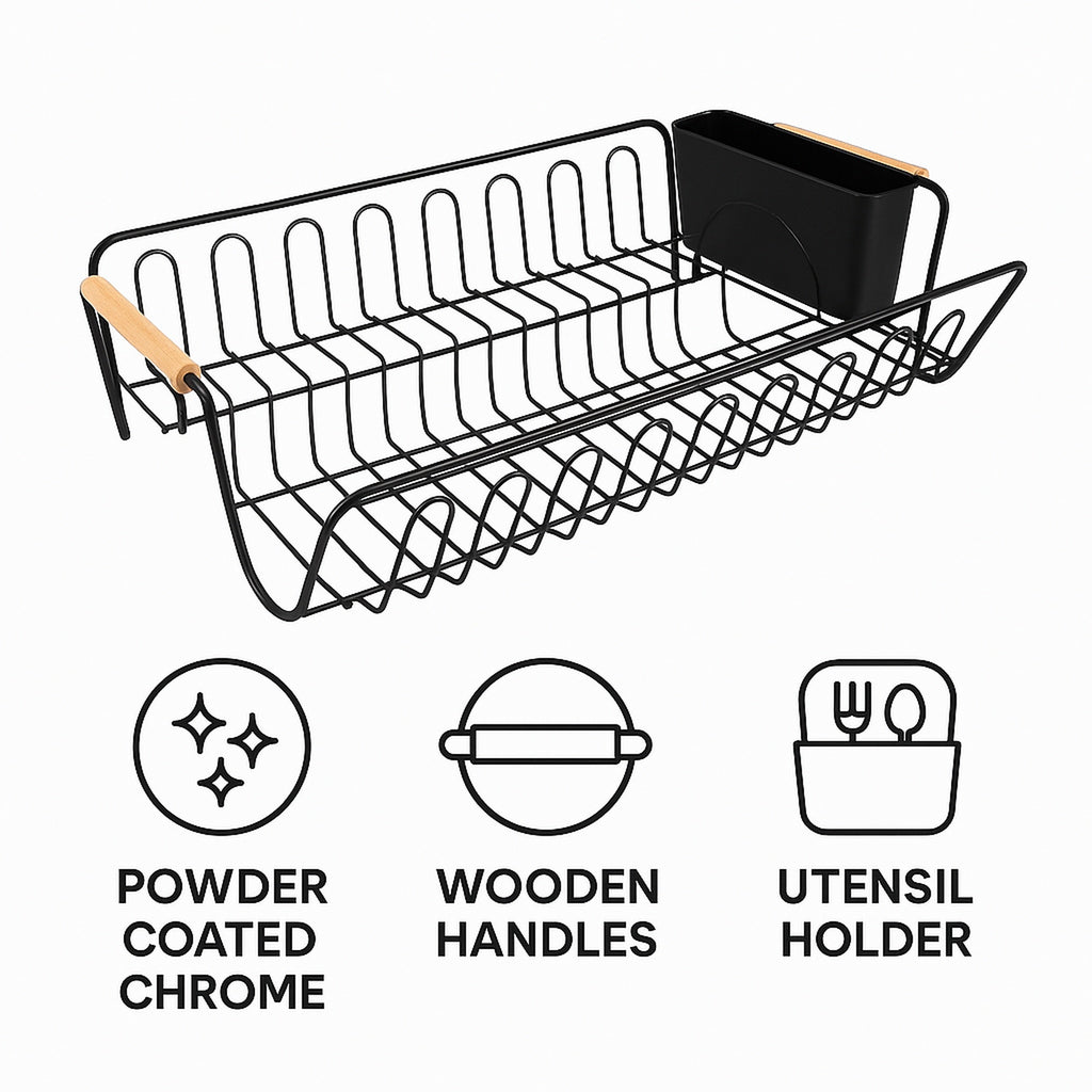 REGENT KITCHEN WIRE DISH RACK POWDER COATED BLACK WITH WOODEN HANDLES ...