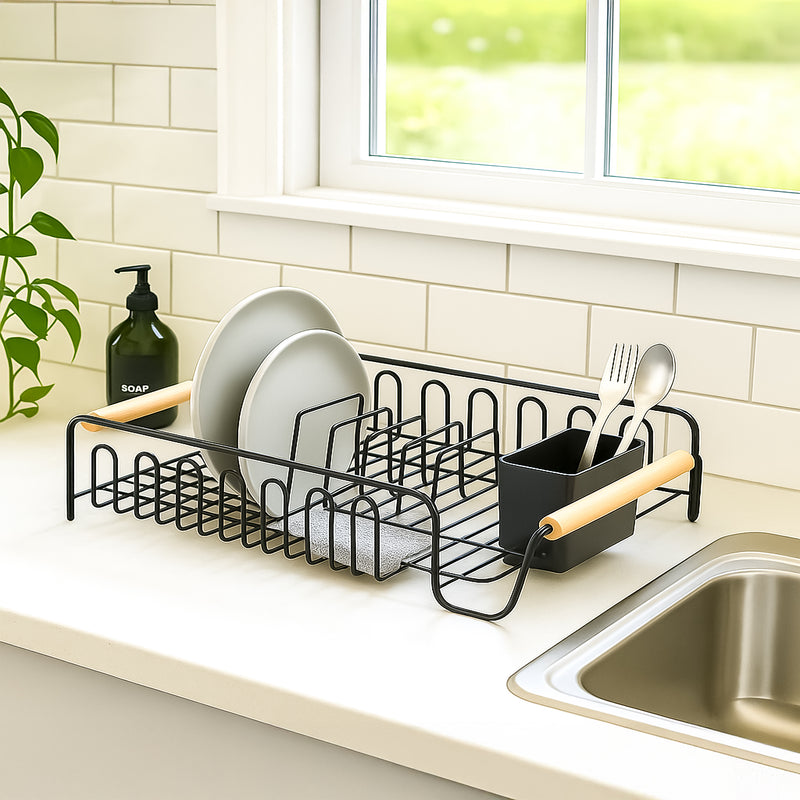 REGENT KITCHEN WIRE DISH RACK POWDER COATED BLACK WITH WOODEN HANDLES, 512X335MM
