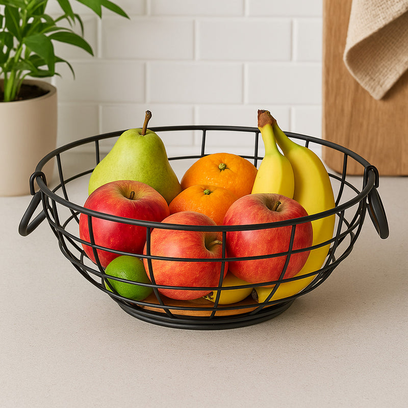 REGENT KITCHEN FRUIT BASKET WITH HANDLES BLACK WIRE AND WOOD, 280MM DIA