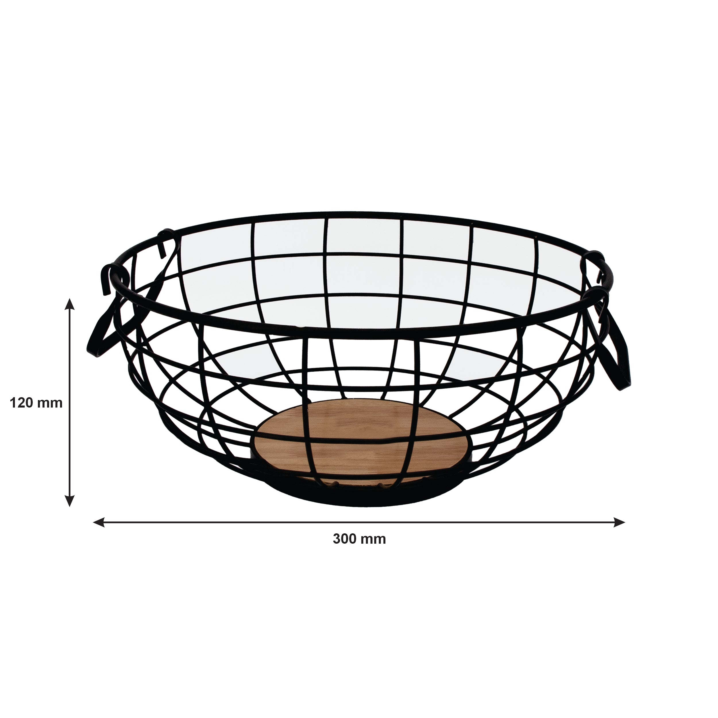 REGENT KITCHEN FRUIT BASKET WITH HANDLES BLACK WIRE AND WOOD, 280MM DIA