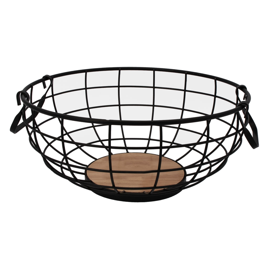 REGENT KITCHEN FRUIT BASKET WITH HANDLES BLACK WIRE AND WOOD, 280MM DIA