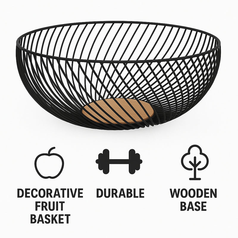 REGENT KITCHEN SWIRL BASKET WIRE AND WOOD POWDER COATED BLACK, (250MM DIA)