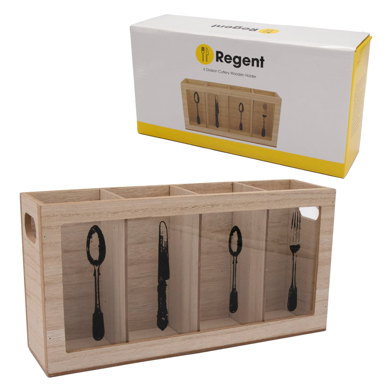 REGENT KITCHEN CUTLERY HOLDER 4 DIVISION WOOD AND GLASS WITH MOTIFS, (295X80X150MM)