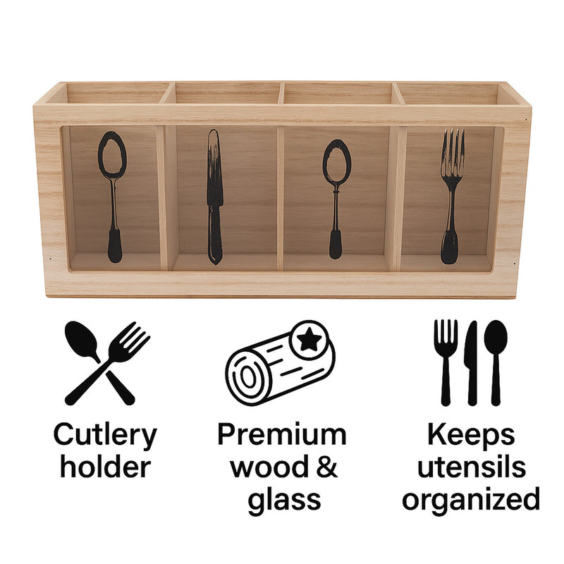 REGENT KITCHEN CUTLERY HOLDER 4 DIVISION WOOD AND GLASS WITH MOTIFS, 295X80MM