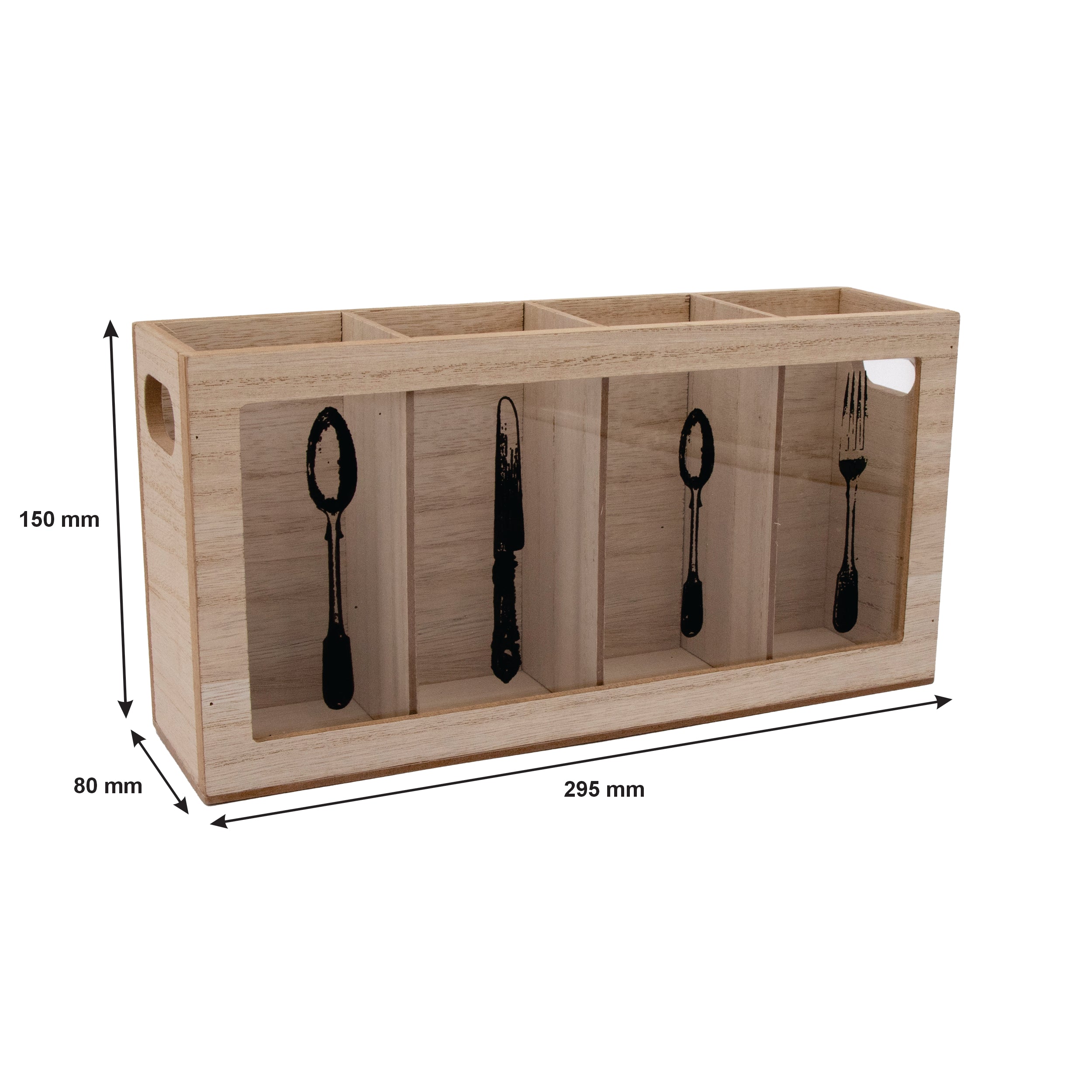REGENT KITCHEN CUTLERY HOLDER 4 DIVISION WOOD AND GLASS WITH MOTIFS, 295X80MM