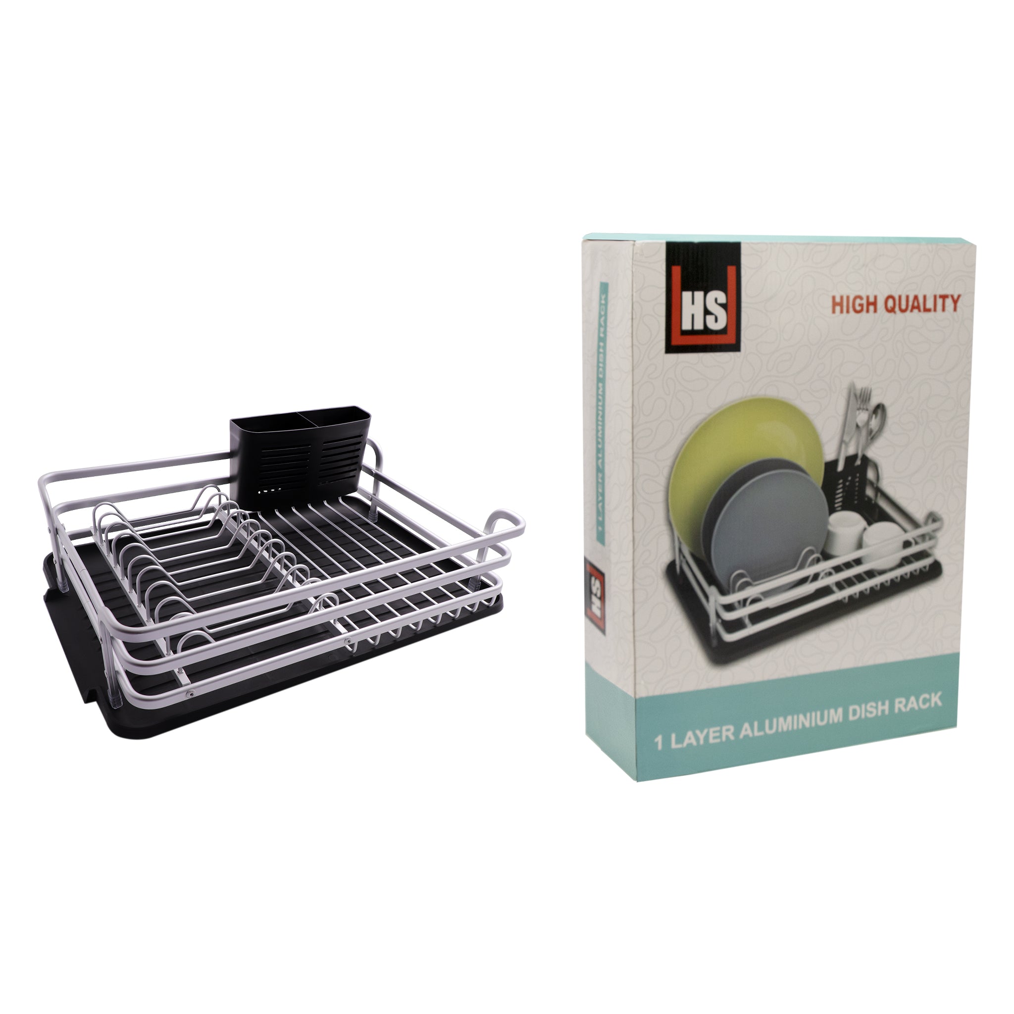 DISH RACK SILVER ALUMINIUM WITH BLACK PLASTIC UTENSIL HOLDER & TRAY, 428X318MM