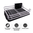 DISH RACK SILVER ALUMINIUM WITH BLACK PLASTIC UTENSIL HOLDER & TRAY, 428X318MM