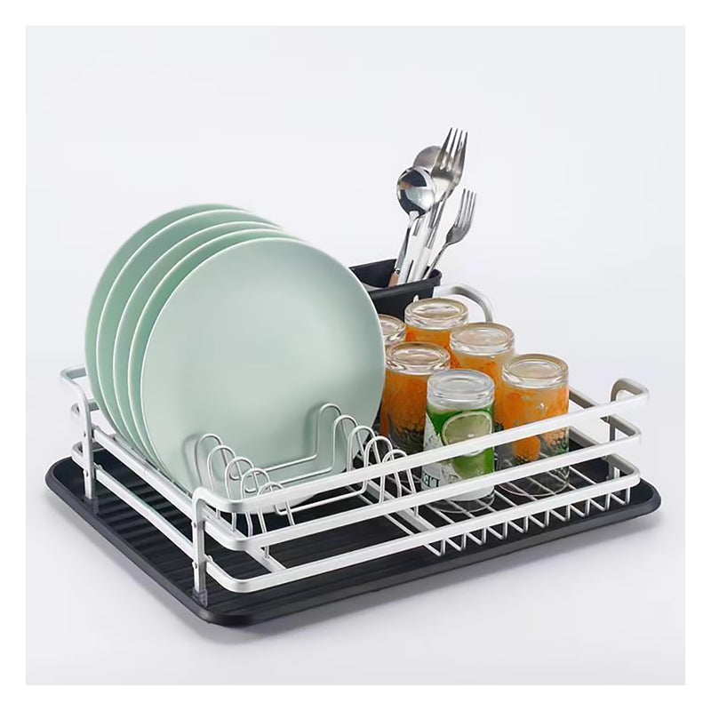 DISH RACK SILVER ALUMINIUM WITH BLACK PLASTIC UTENSIL HOLDER & TRAY, (440X315X115MM)